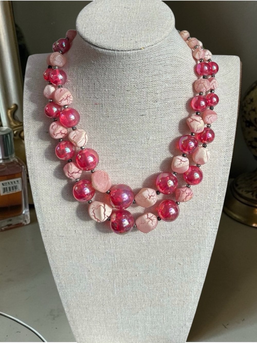 Vintage Pink Double-Strand Chunky Beaded Choker Collar Necklace